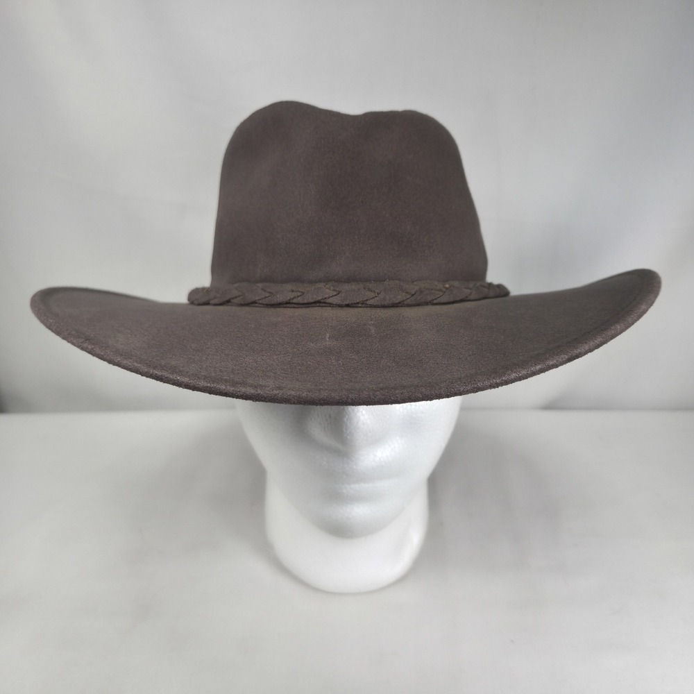 VTG Minnetonka Leather Fold Up Outback Hat Large Brown Western Braided Band USA